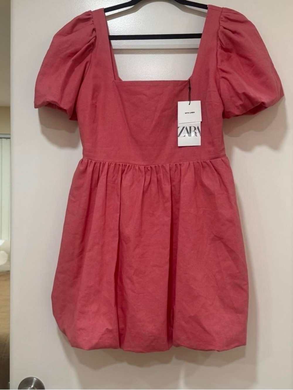 NWT Zara Linen Blend Short Sleeve Mini Dress Bow Size Large Coral Pink - Picture 3 of 9